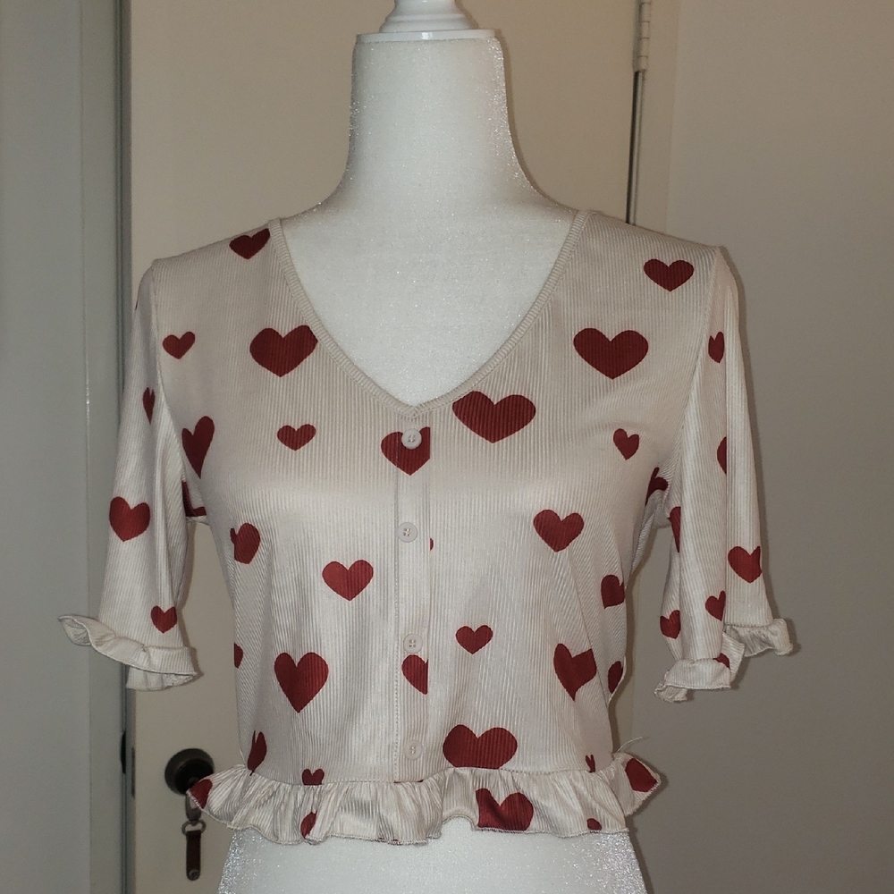 SHEIN Cream Blouse with Red Heart Pattern